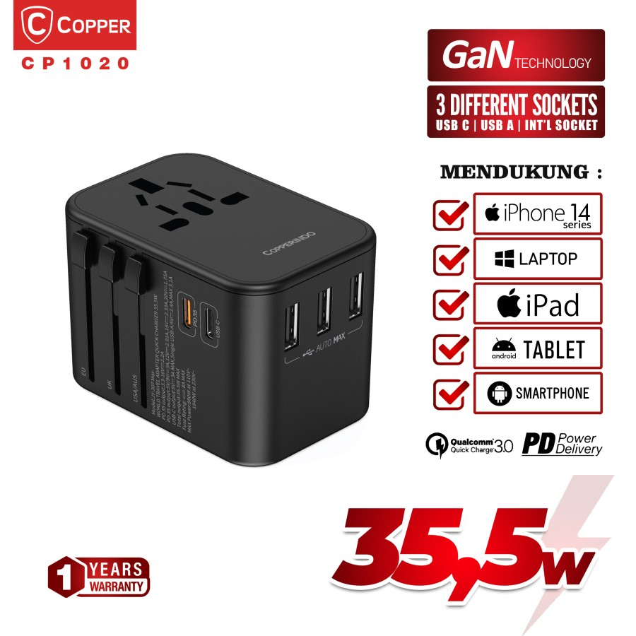Jual COPPER CP1020 Universal GAN Travel Adapter 35,5W | Shopee Indonesia