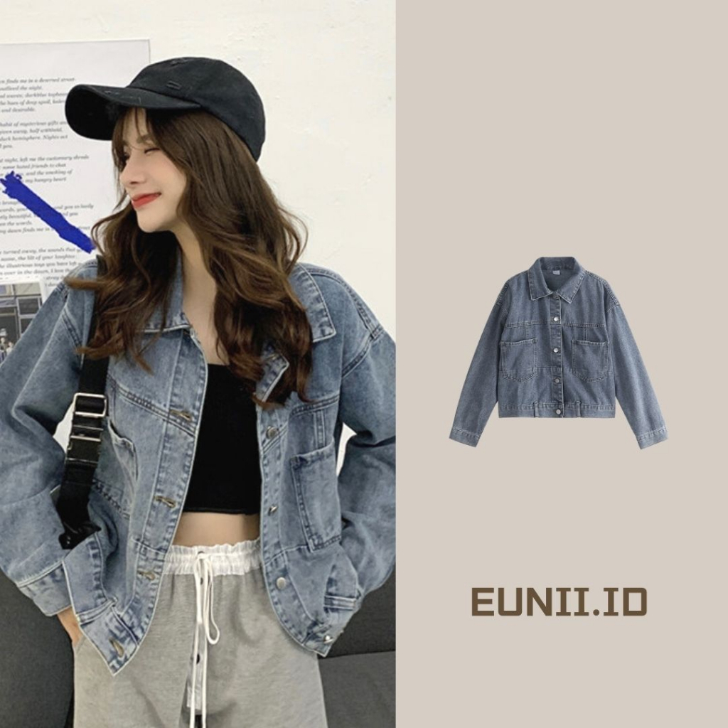 Jual Eunii Korean Style Jaket Denim Wanita Lengan Panjang Crop Jacket Atasan Wanita Shopee 4913