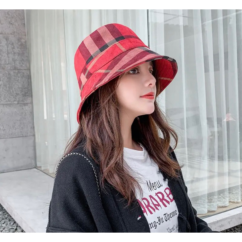 Jual Topi Burbery Hat Plaid casual bucket motif Kotak import