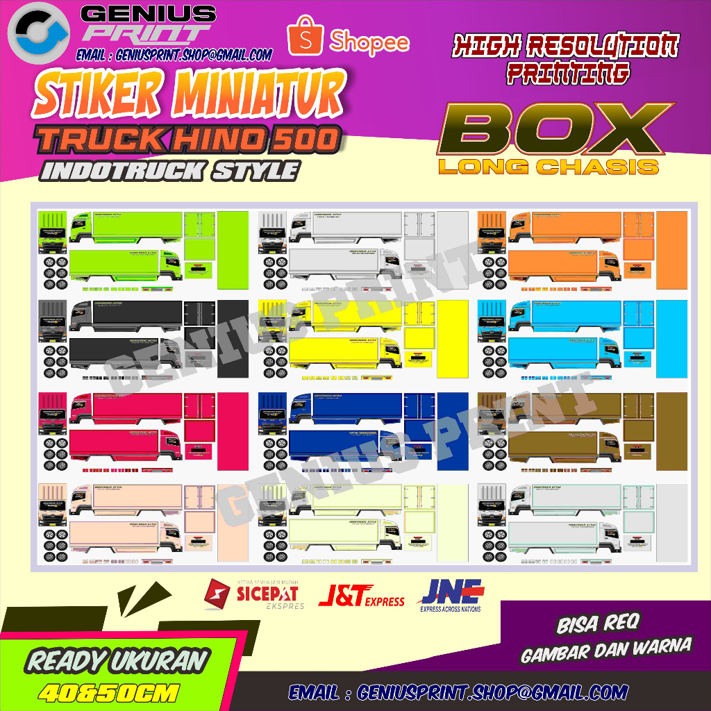 Jual Stiker Miniatur Truk Hino 500 Box Long Chasis 1 Lusin Uk 40and50cm