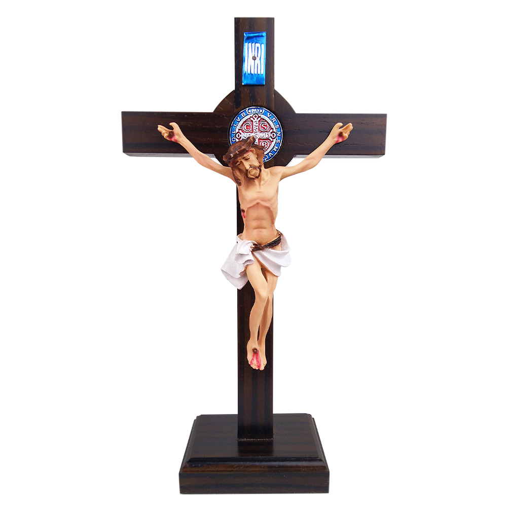 Jual Salib Duduk Meja Kayu Medali Benedictus Logam Courpus Patung ...
