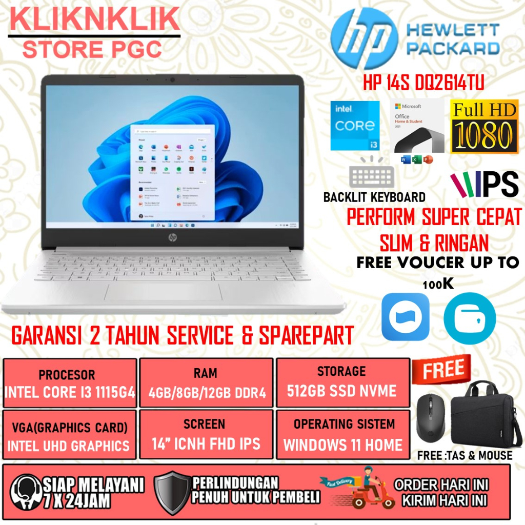 Jual Laptop Hp 14s Dq2614tu Intel Core I3 1115g4 Ram 8gb 512gb Ssd Fhd Ips Backlit Windows 11 5180