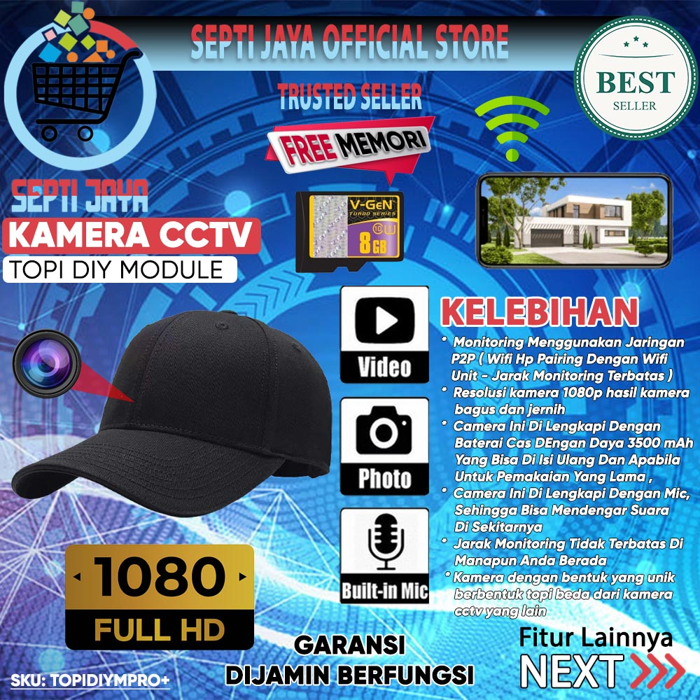 Jual Hidden Spy Camera Topi Wifi Modul Kamera Full HD1080p Memory 8GB