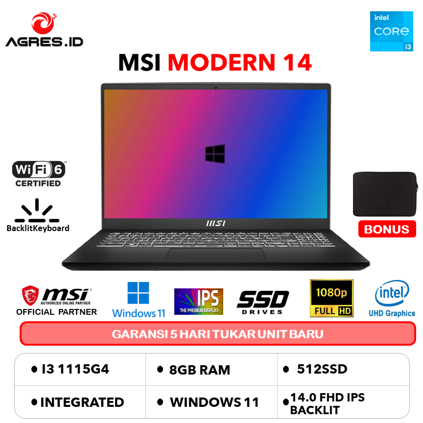 Jual MSI MODERN 14 I3 1115G4 8GB 512GB W11+OHS 14.0FHD IPS BLIT 2Y BLK