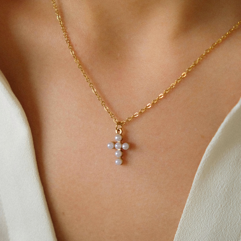 Gumdrop Cross Delicate Necklace, Pearl main image 1