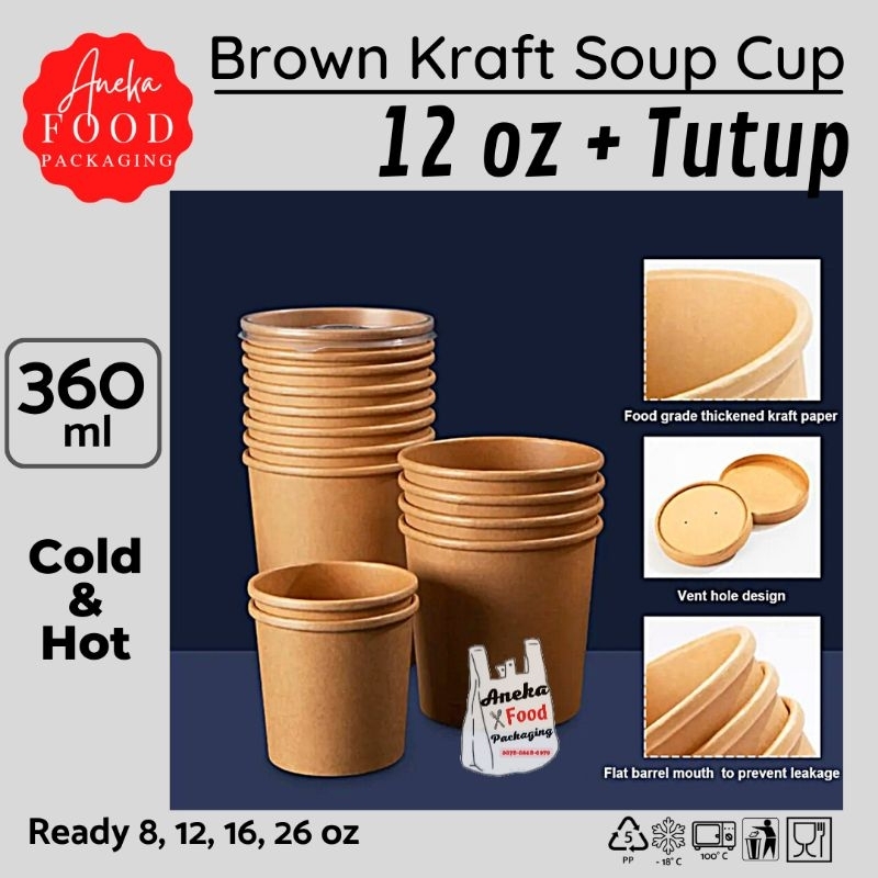 Jual Paper soup cup 12oz/mangkok kertas kraft 12oz+tutup sup cup ...