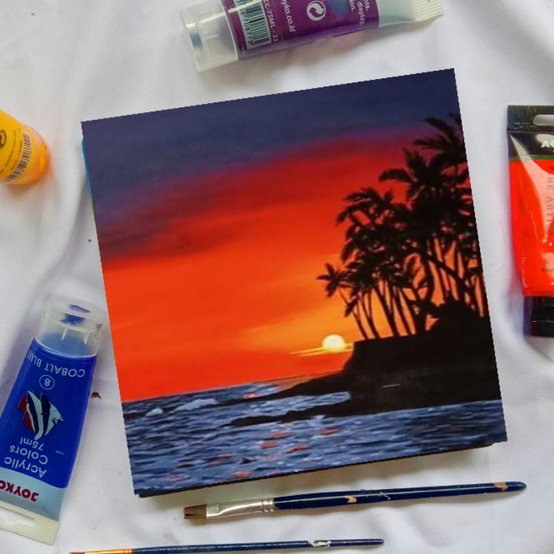 Jual Lukisan Dinding Aesthetic 30x30cm Sunset Merah Asli Buatan Tangan
