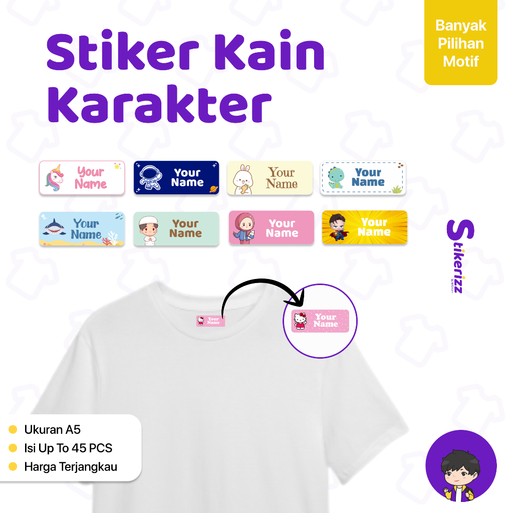 Jual Stiker Kain Nama Karakter Label Karakter Nama Sticker Kain karakter lucu Anak Sekolah