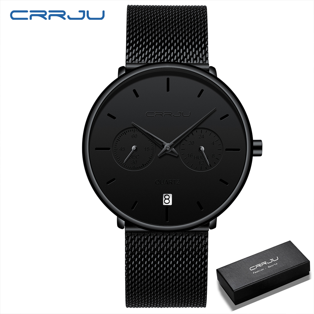 CRRJU Black Watch Men Auto Date Mens Watches Top Brand Luxury Quartz  Stainless Steel Waterproof Wrist Watch