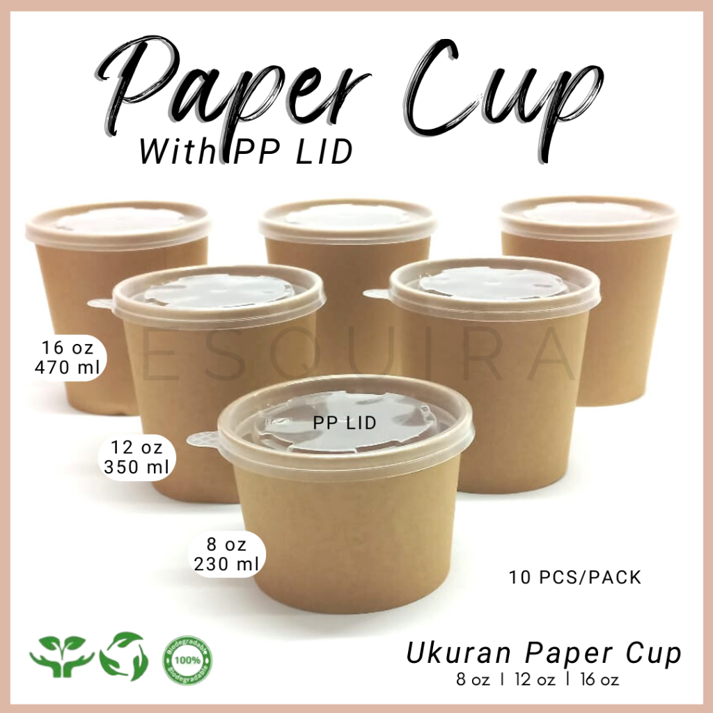 Jual (10pcs) Kraft Paper Cup + PP LID Food Grade 8Oz, 12Oz, 16Oz ...