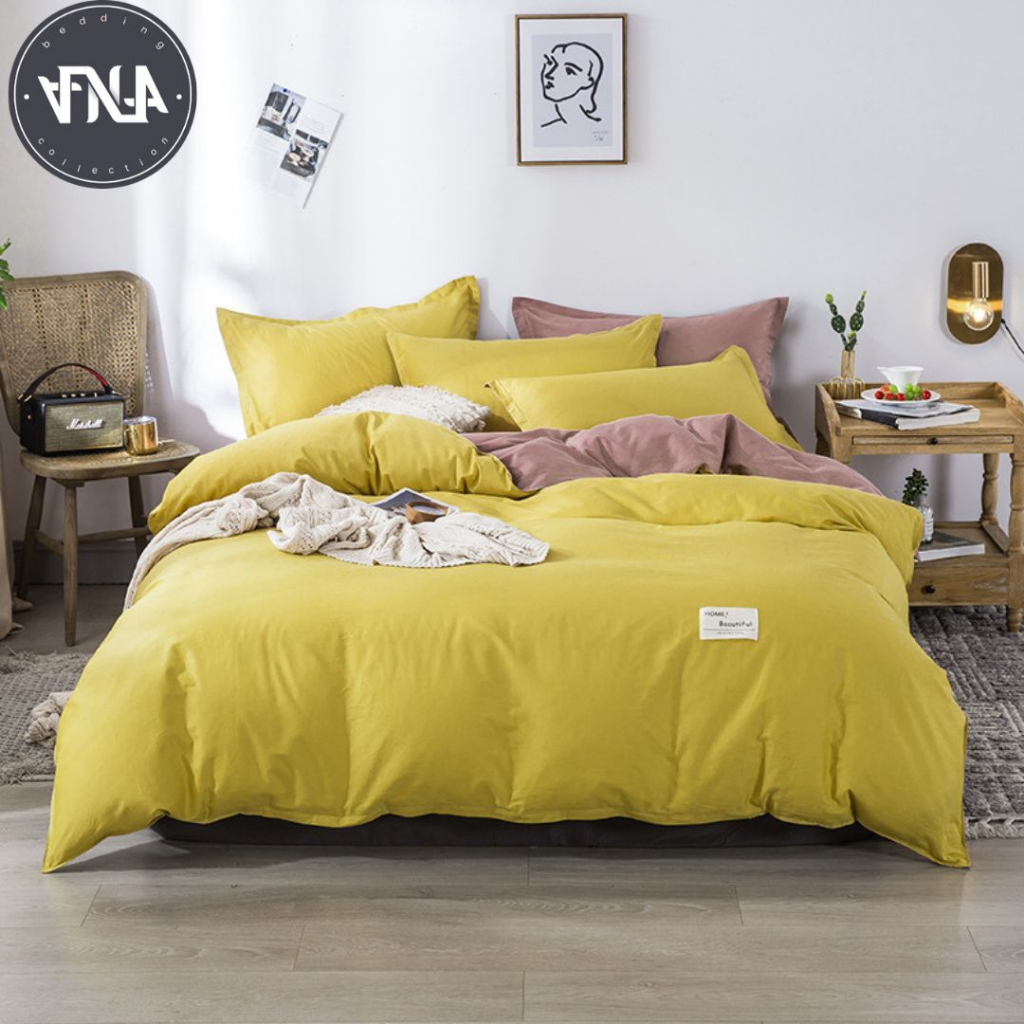 Jual Bedcover Two Tone Bedcover+sprei Motif Polos Warna Kuning Mix Abu 