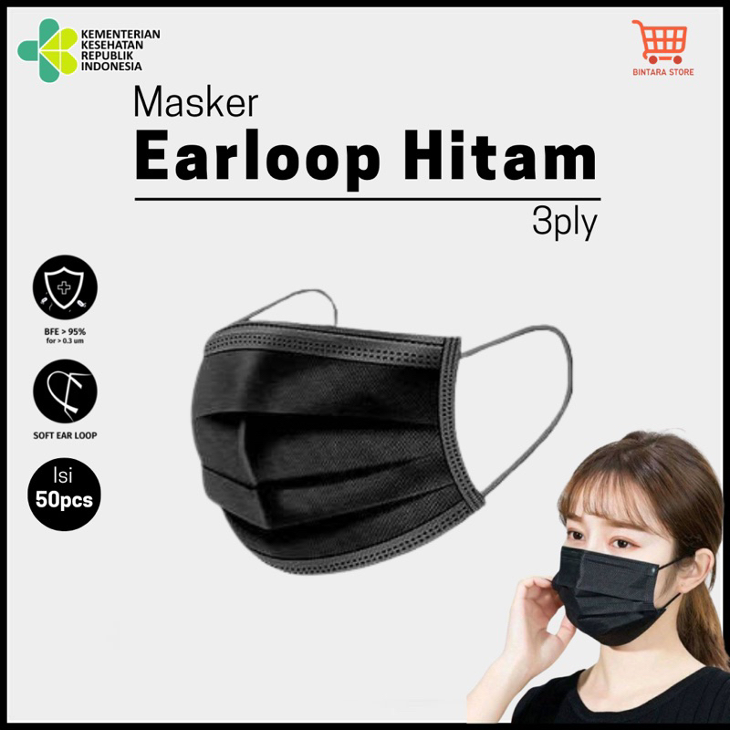 Jual Masker Earloop 3Ply Hitam Isi 50pcs Black Edition Disposable ...