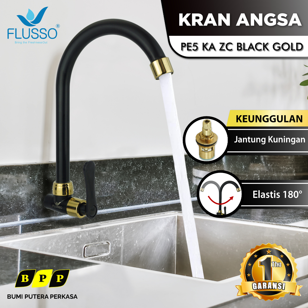 Jual Kran Dapur Flusso Keran Angsa Black Gold Series Drat Tembok Original Garansi