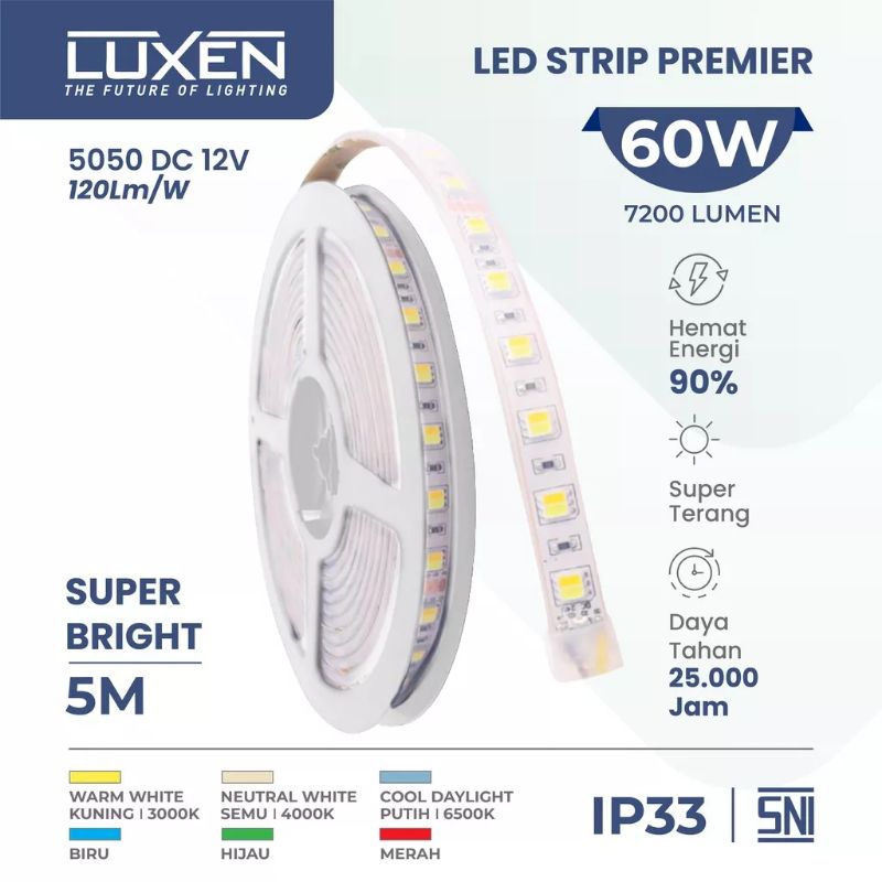 Jual LUXEN LAMPU LED STRIP PREMIER 5050 DC 12V 60W LUXEN 5 METER SUPER