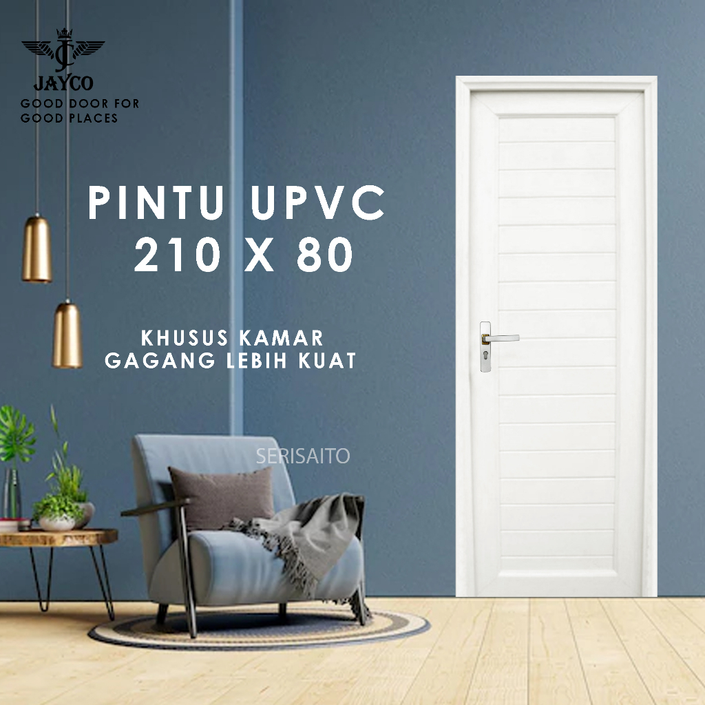 Pintu UPVC kamar tidur ukuran 80x210 cm dengan gagang handle Jayco panel warna putih modern
