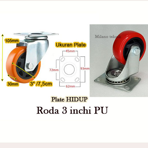 Jual Roda 3 inch PU TAIWAN+Double Bearing Tetap/Hidup/Putar+Rem/Troli ...