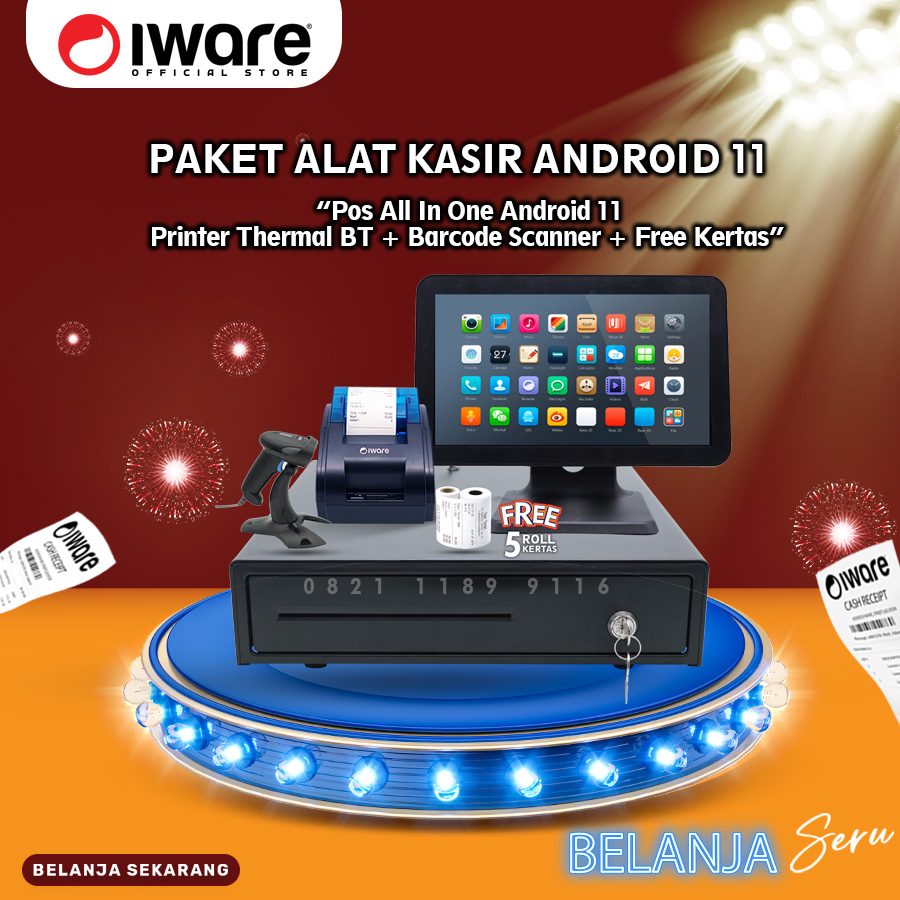 Jual Paket Alat Kasir Siap Pakai Pos All In One Android 11 Iware Cachdrawer Barcode Scanner 2045