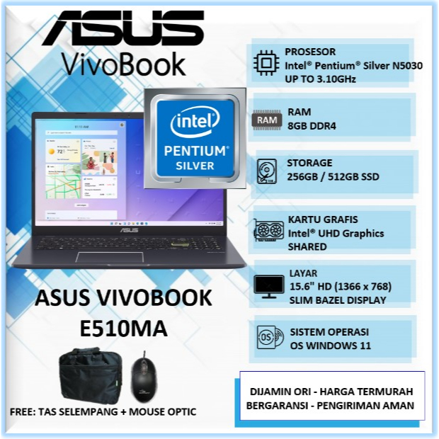 Jual LAPTOP ASUS VIVOBOOK E510MA INTEL PENTIUM SILBVER N5030 RAM