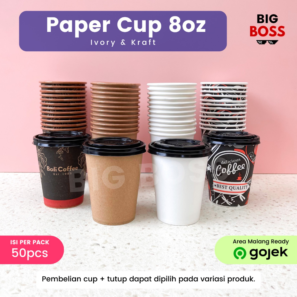 Jual Isi 50pcs Paper Cup 8 Oz 240ml Gelas Kertas Kopi Teh Polos Motif Tahan Panas Hot 6612