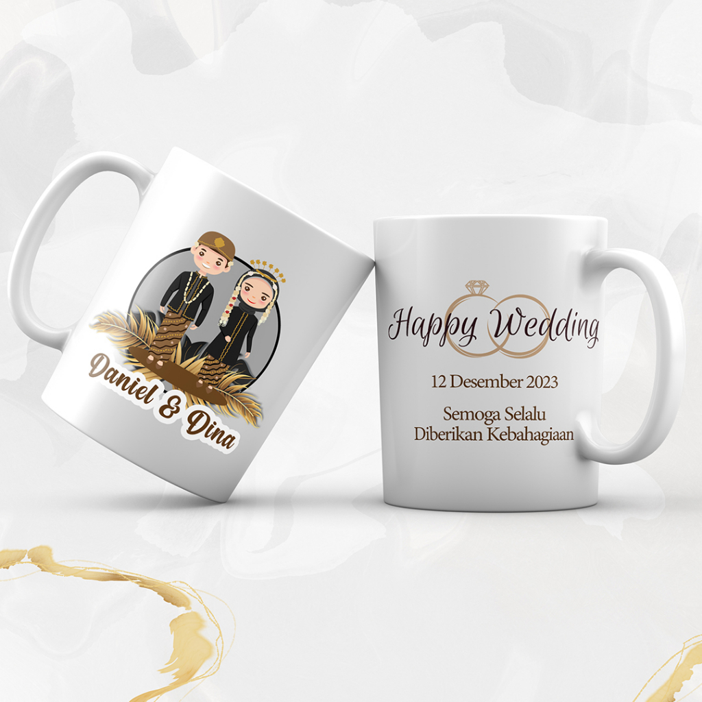 Jual HAPPY WEDDING/ CETAK MUG GELAS SOUVENIR PERNIKAHAN / MUG NIKAH