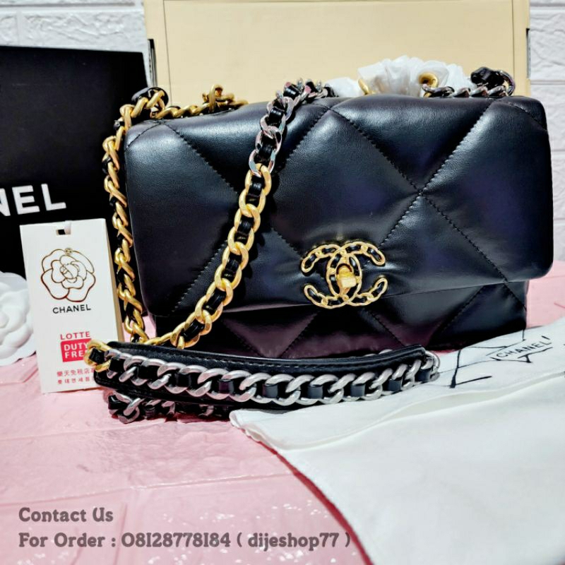 Chanel 19 Handbag AS1160 Classic Flap Bag Size 26 Shiny Lambskin Leather Black Quilted Lotte Duty Free