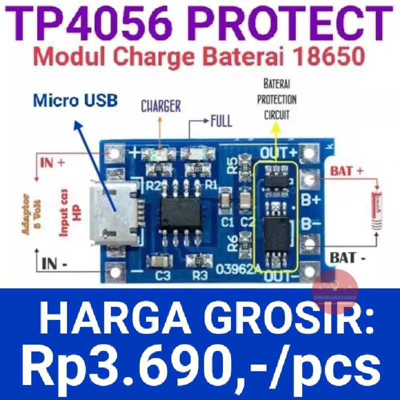 Jual (GROSIR) TP4056 PROTECT, MODUL CHARGER BATERAI 18650 DENGAN ...