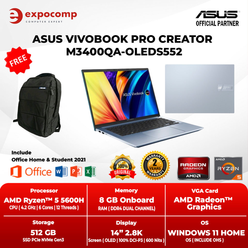 Jual Asus Vivobook Pro Creator 14 M3400qa Oleds552 Silver Amd R5 5600h 8gb 512gb W11ohs 0983