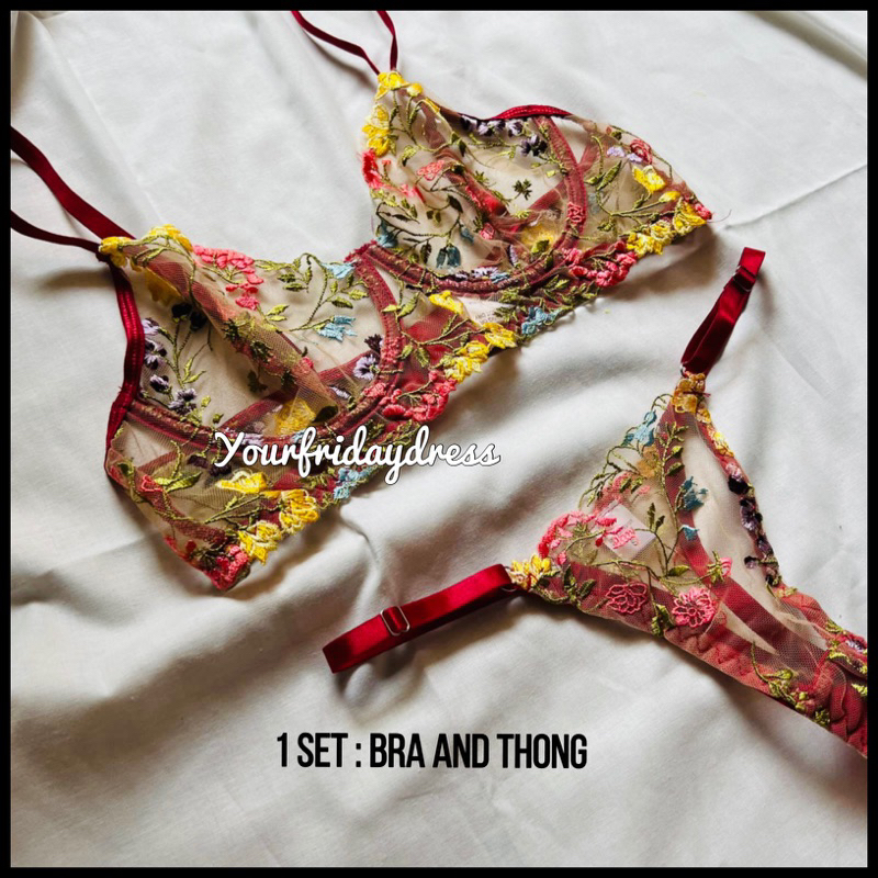 Jual Matching Set Embroidery Floral Sexy Mesh Lingerie Corset Bra And Panty Matching Set 8137