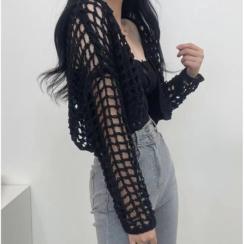 Jual Michel Baju Korea Crop Rajut Jaring lengan panjang | Shopee Indonesia