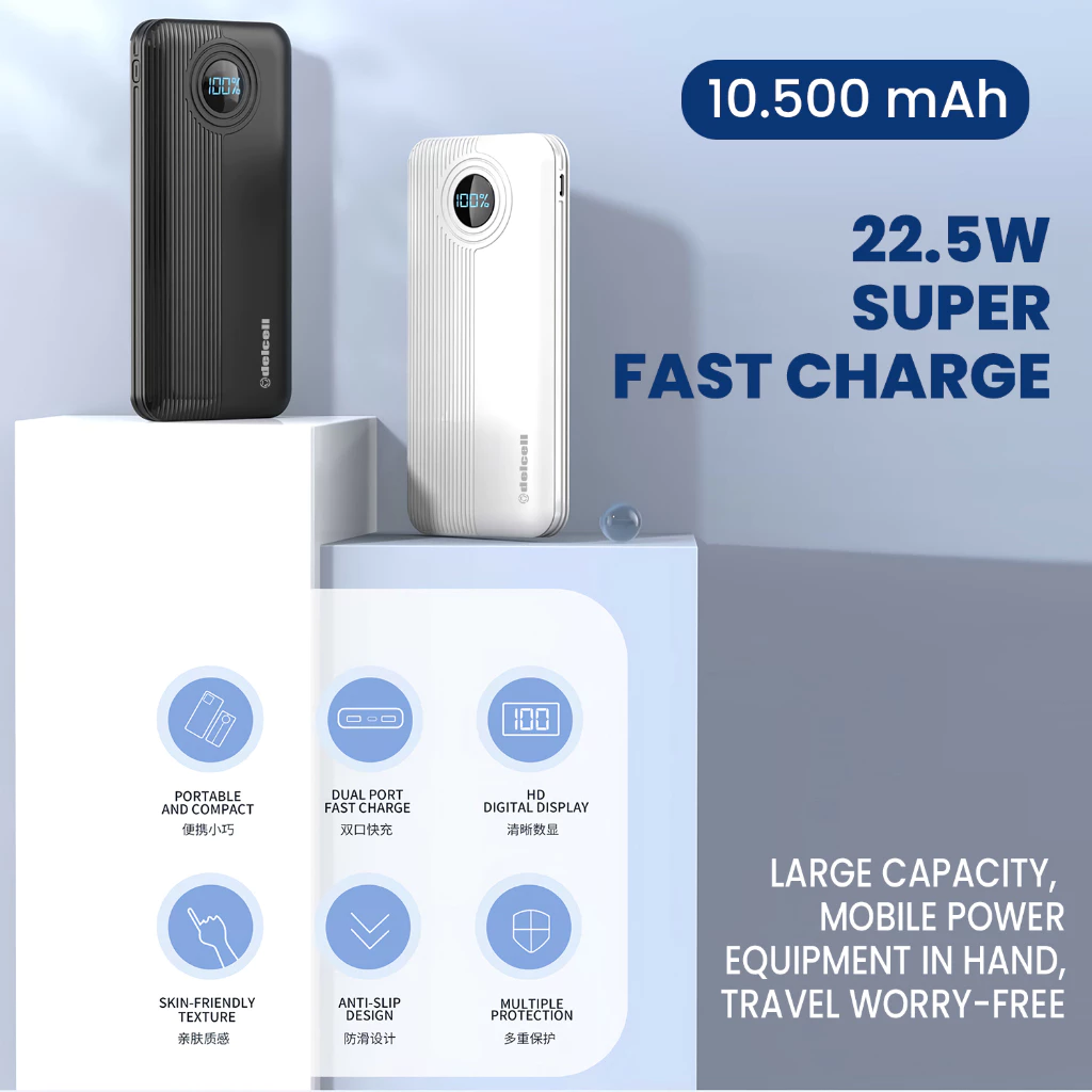 Delcell GEAR Power Bank 10500mAh 22.5W Digital Display QC 3.0+ PD Real Capacity 2 Tahun garansi