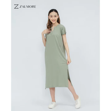 Zalmore Vneck Loose Midi Dress With Slit LUMA Cotton™ Premium Dress Wanita Lembut Ringan Sejuk