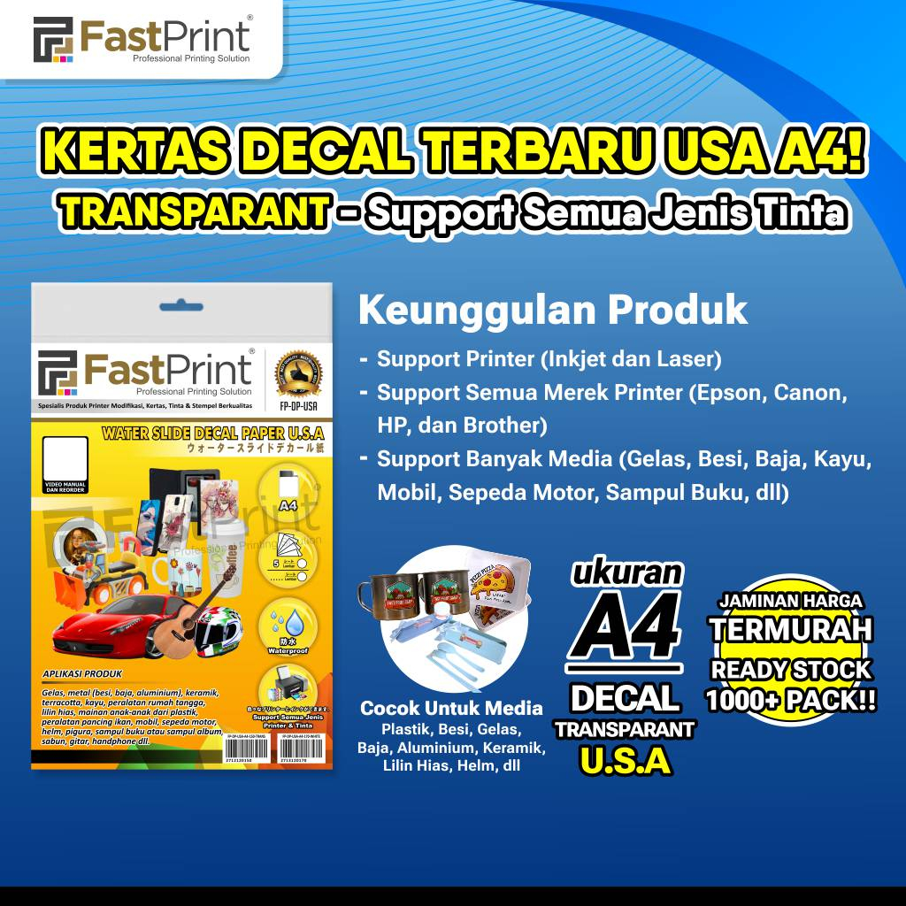 Jual Fast Print Kertas Water Slide Decal Transparant USA A4 150 Gram ...