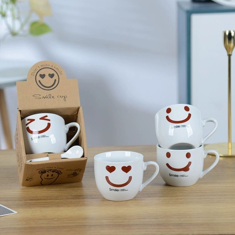 Jual Gelas Teh Emoji Mug Keramik Kopi Teh Lucu Sendok Imut Cangkir Lucu Karakter Murah Bisa 7235