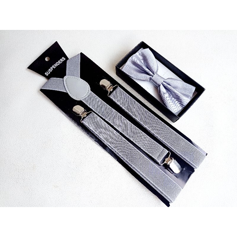 Jual PAKET SUSPENDER DAN DASI KUPU KUPU PRIA WANITA DEWASA WARNA ABU