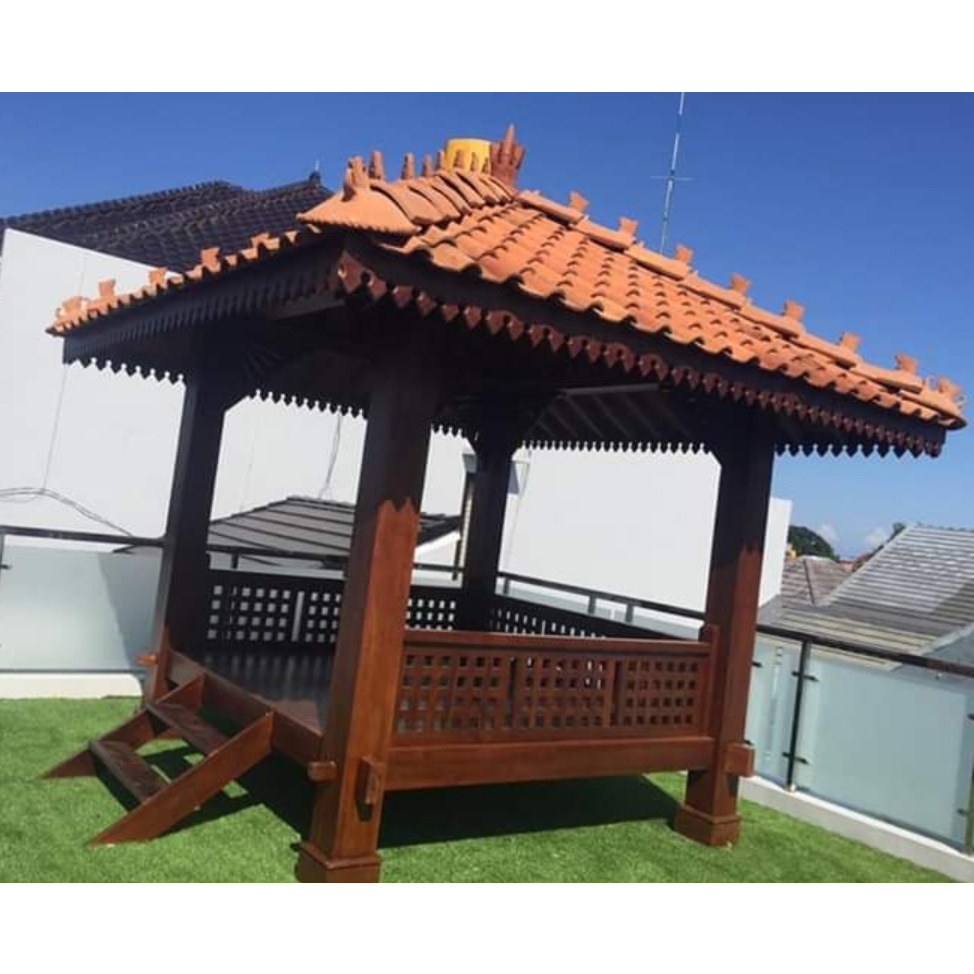 Jual Gazebo Kayu Jati Ukuran 250x250 Cm Model Minimalis Tiang 20x20 Cm Atap Genteng Shopee