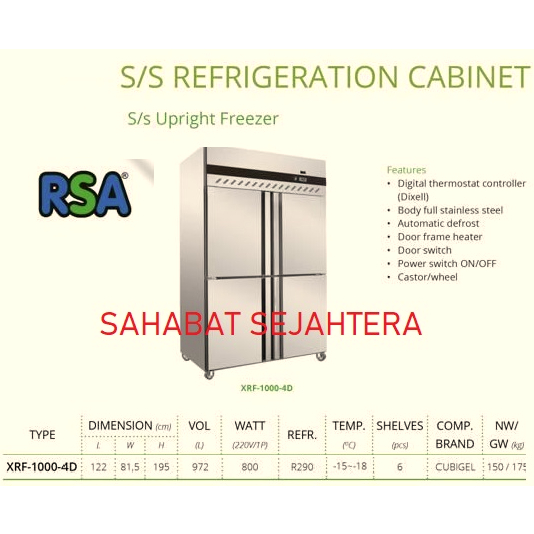 Jual RSA Stainless Steel Upright Freezer XRF-1000-4D Freezer Stainless ...