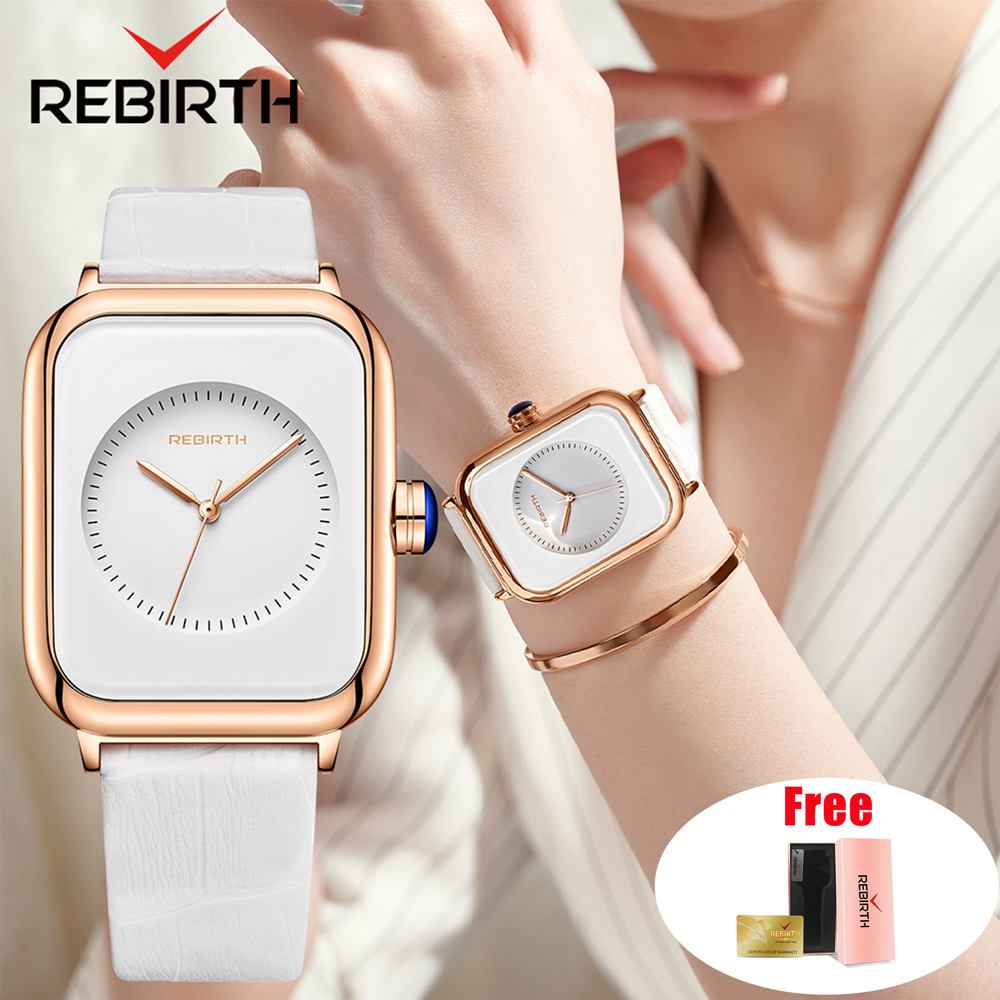 Jual Rebirth Jam Tangan Wanita Tali Kulit Mode Santai Squre Dial Anti