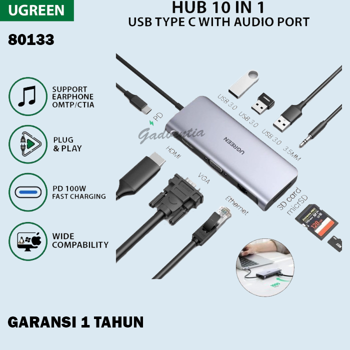 Jual Ugreen Adapter Converter 9 in 1 Type C To Hdmi Vga Micro Sd RJ45 ...