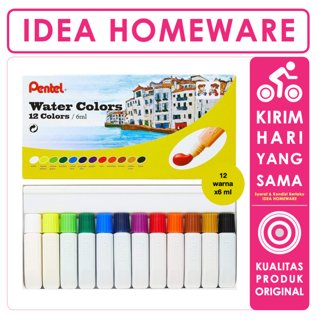 Jual Cat Air Pentel Water Colors Set 12 x 6 ml Non Toxic Tidak Beracun ...