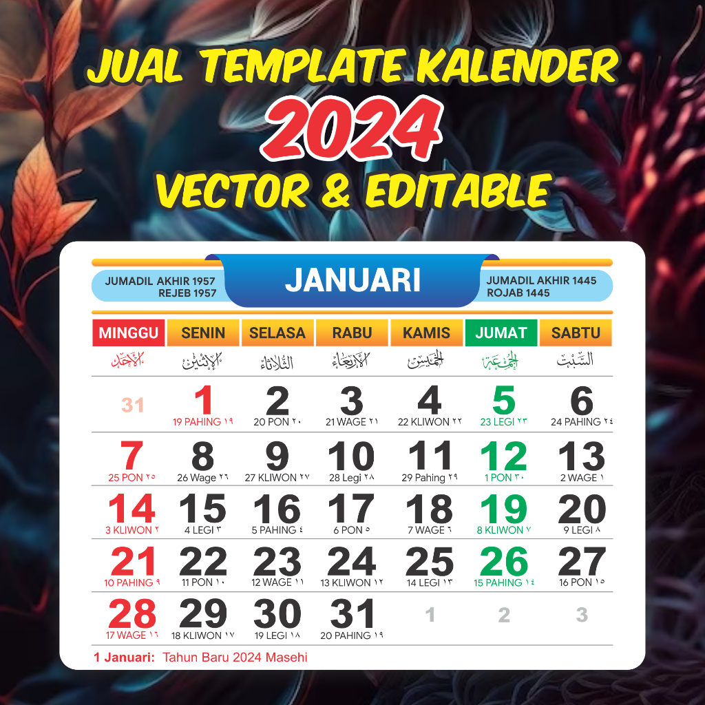 Jual Template Kalender 2024 Tipe B, File Vector Bisa Diedit | Shopee ...