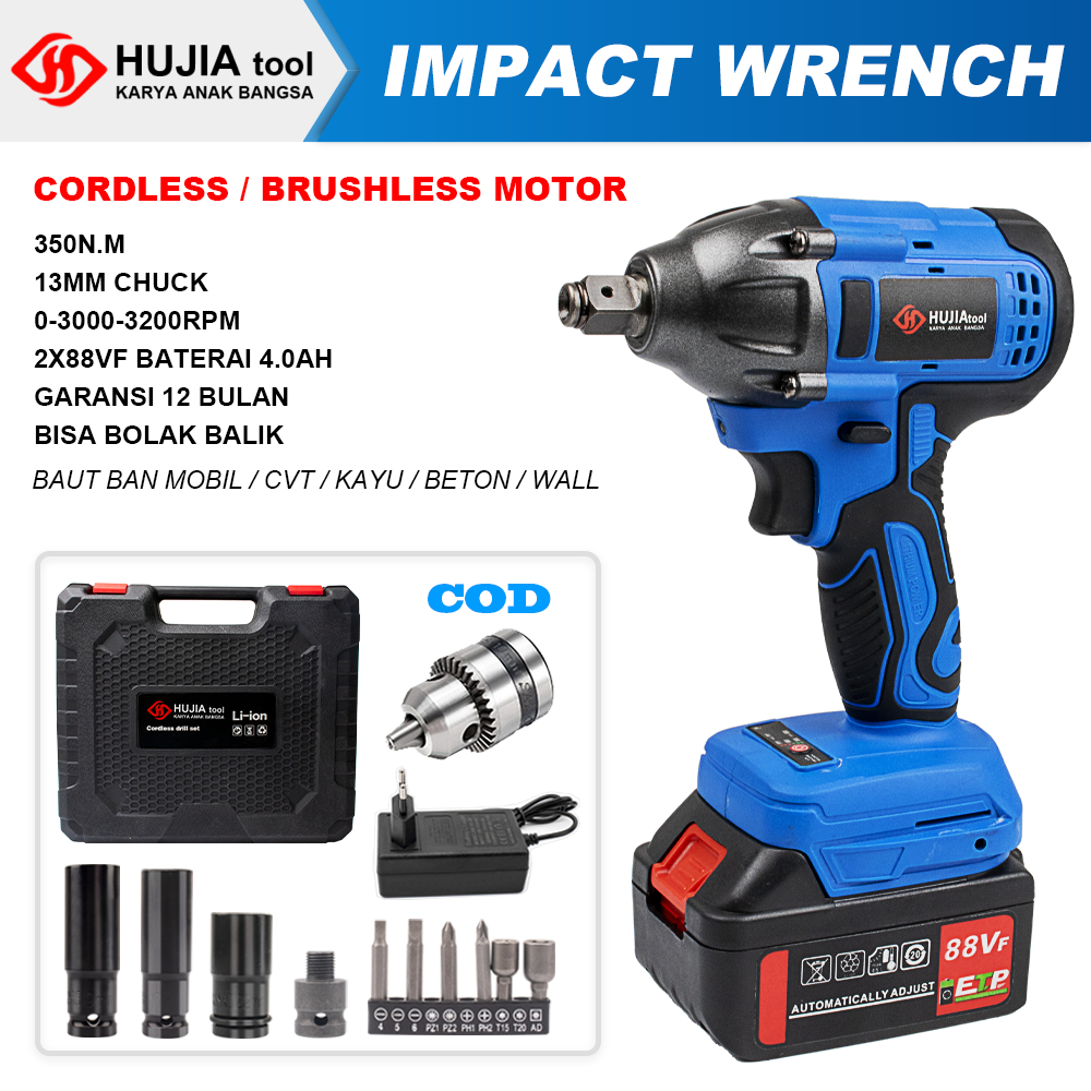 Jual Hujia Vf Impact Wrench Brushless Baterai Cordless Mesin Pembuka Baut Ban Bor Set