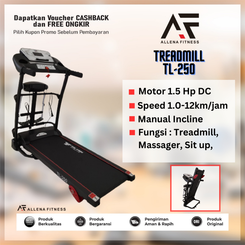 Jual Alat Fitness Treadmill Elektrik Tl 250 Multifungsi Total Fitness