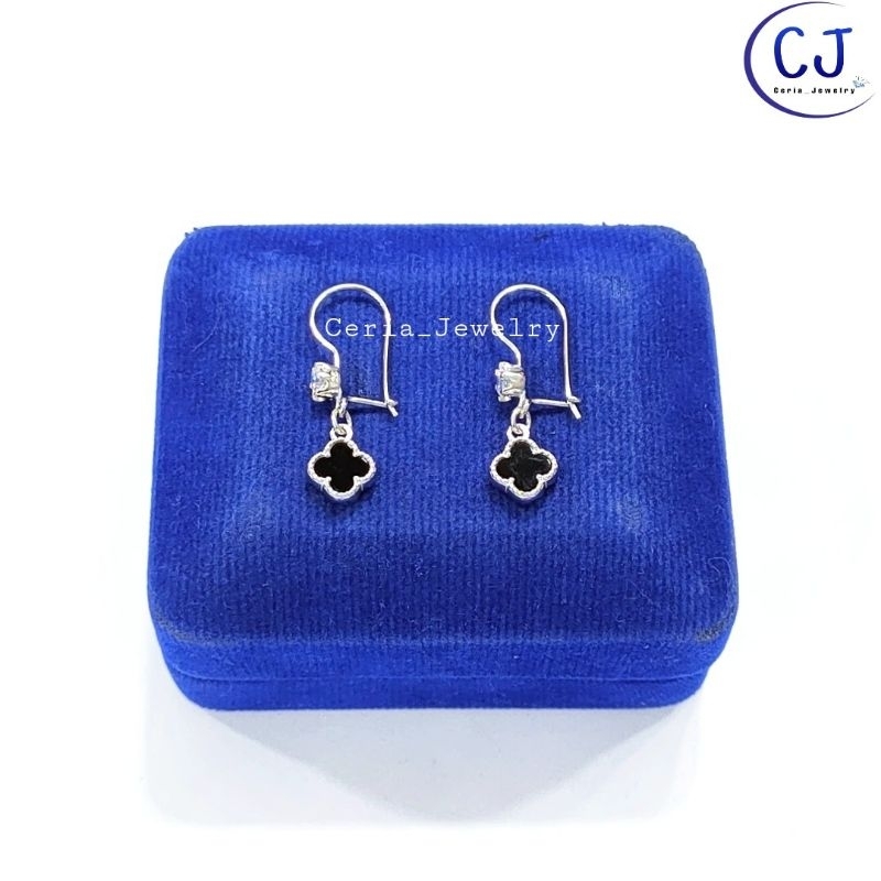 Jual Anting Perak Asli Silver Lapis Emas Putih Model Kait Gantungan Van Cleef Hitam