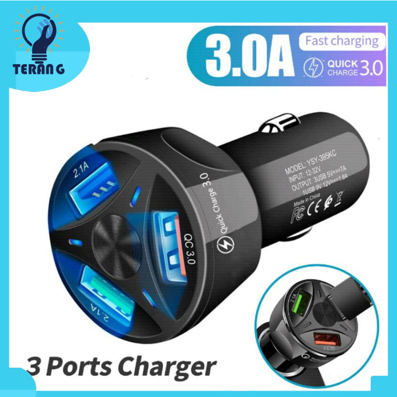 Jual Car Charger Colokan Cas Mobil 3 Ports Fast Quick Charging QC 3.0