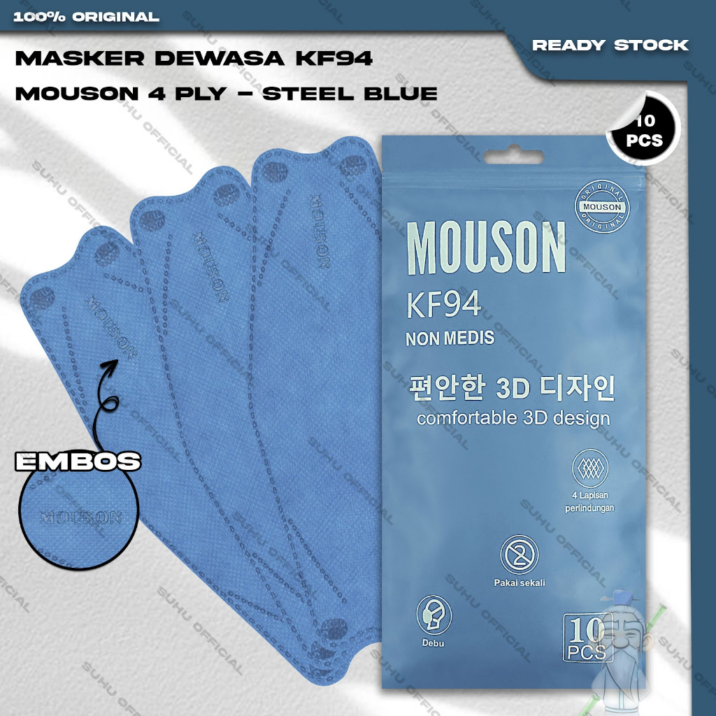 Jual Masker KF94 MOUSON 4Ply Isi 10Pcs Steel Blue Biru Gelap Korea KF ...