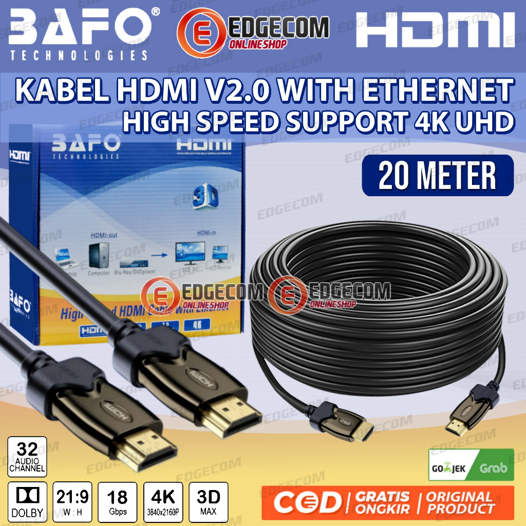 Jual BAFO Kabel HDMI Male to Male 20 Meter V2.0 4K Gold Plated Shopee