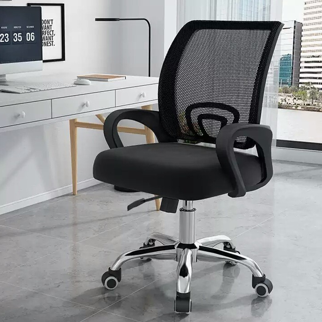 Jual Kursi Kantor Hidrolik Kaki Besi Chrome Kursi Putar Jaring Hitam ...