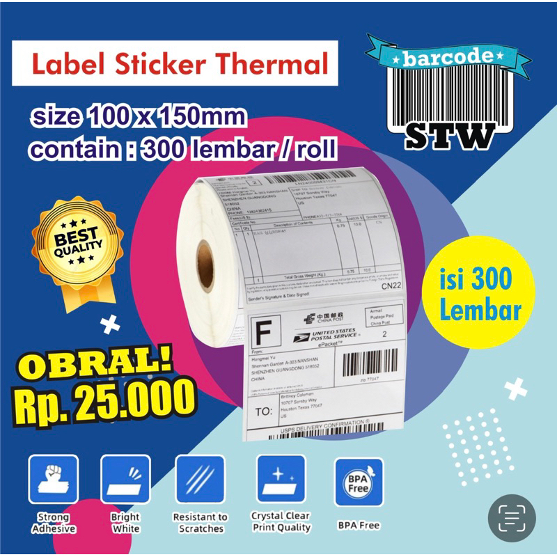 Jual Label Sticker Thermal 100 x 150 Isi 300pcs & 250pcs | Shopee Indonesia