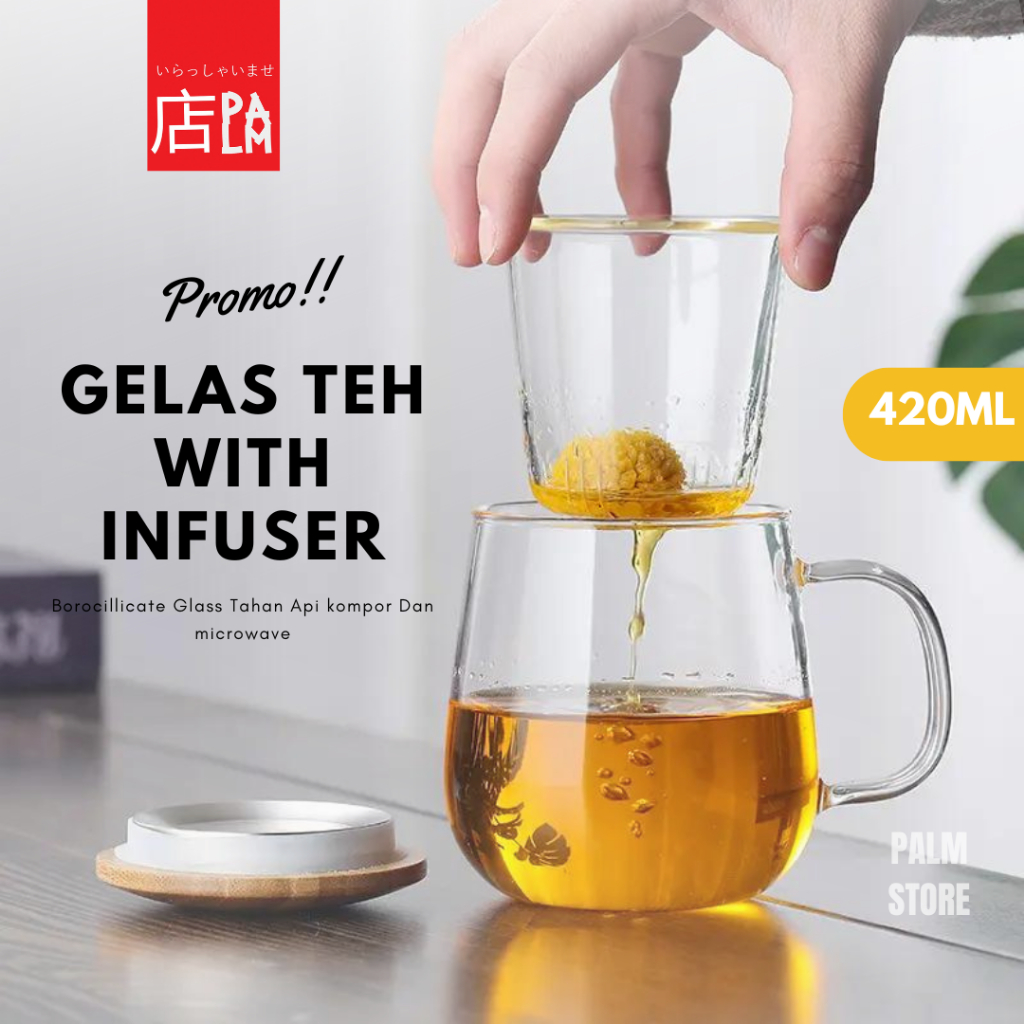 Jual COD Gelas Cangkir Saringan Teh Rempah Tahan Panas Kaca Tutup Kayu ...