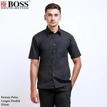 BOSS Kemeja Polos Pria Lengan Pendek Regular Fit Hitam